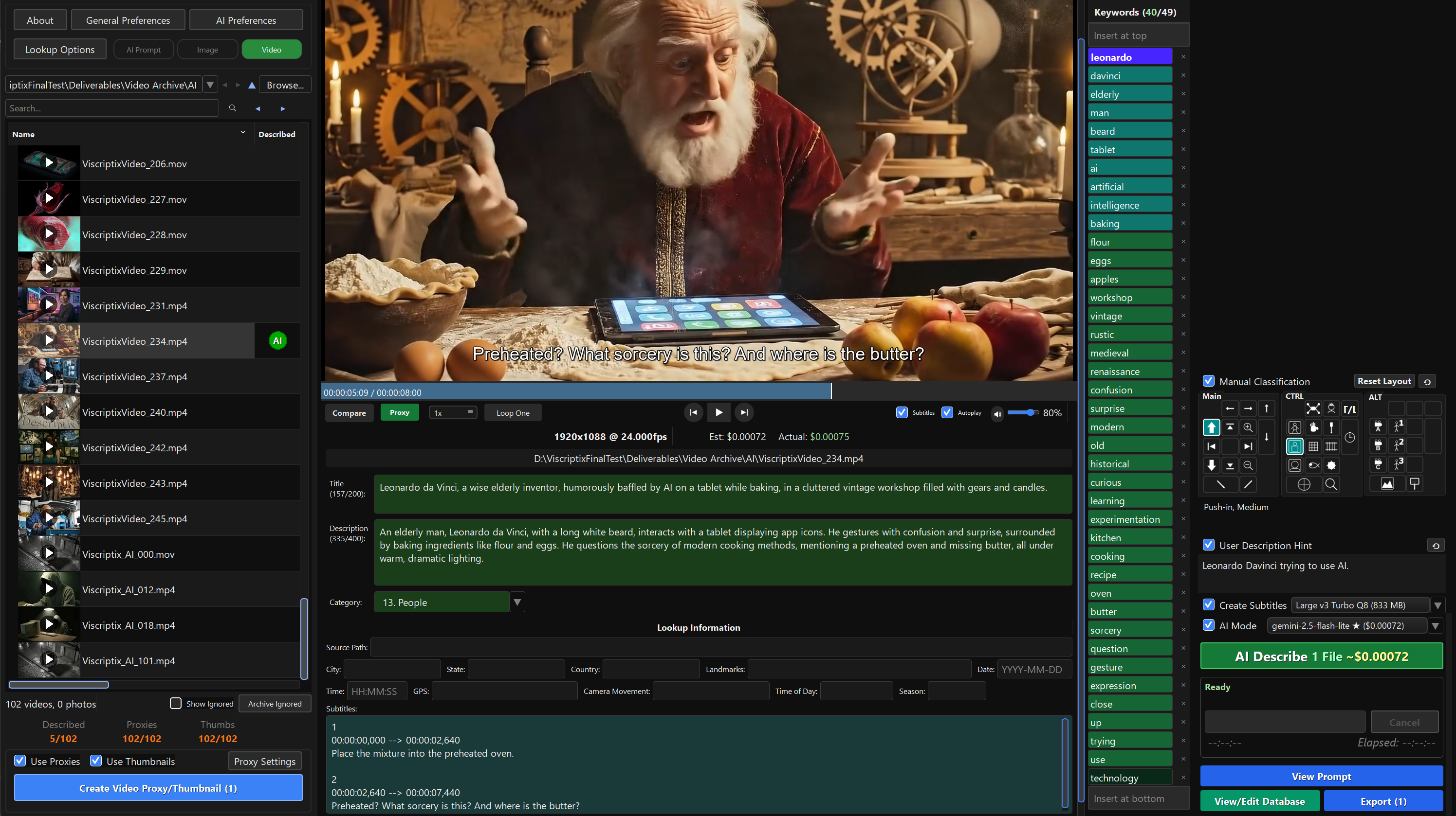 Viscriptix application — AI-powered video descriptions, keywords, and subtitles with cost tracking